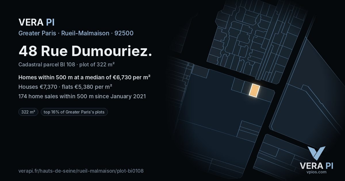 48 Rue Dumouriez, Rueil-Malmaison at night – the plot lit, the parcels around coloured by the prices near them