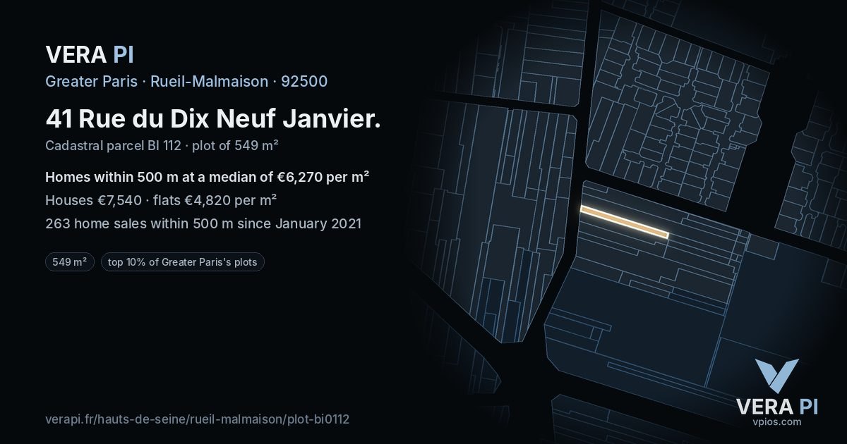 41 Rue du Dix Neuf Janvier, Rueil-Malmaison at night – the plot lit, the parcels around coloured by the prices near them