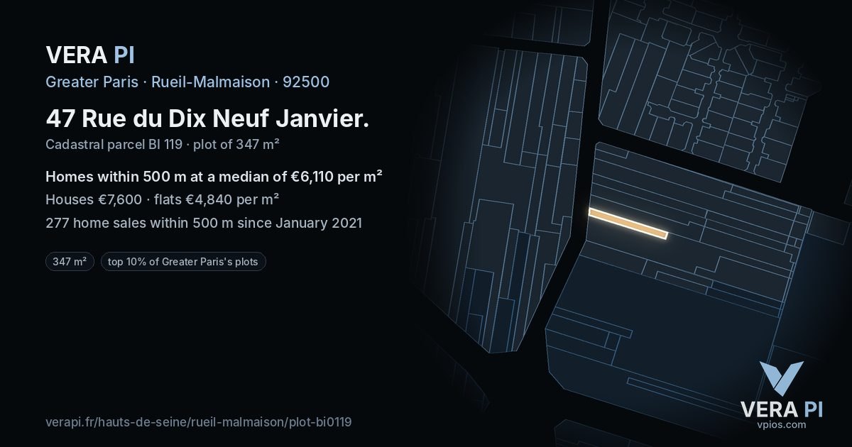 47 Rue du Dix Neuf Janvier, Rueil-Malmaison at night – the plot lit, the parcels around coloured by the prices near them