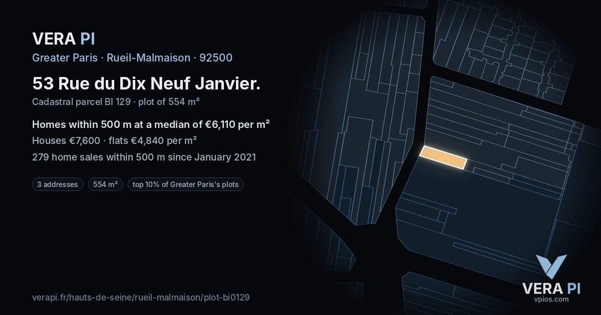 53 Rue du Dix Neuf Janvier, Rueil-Malmaison at night – the plot lit, the parcels around coloured by the prices near them