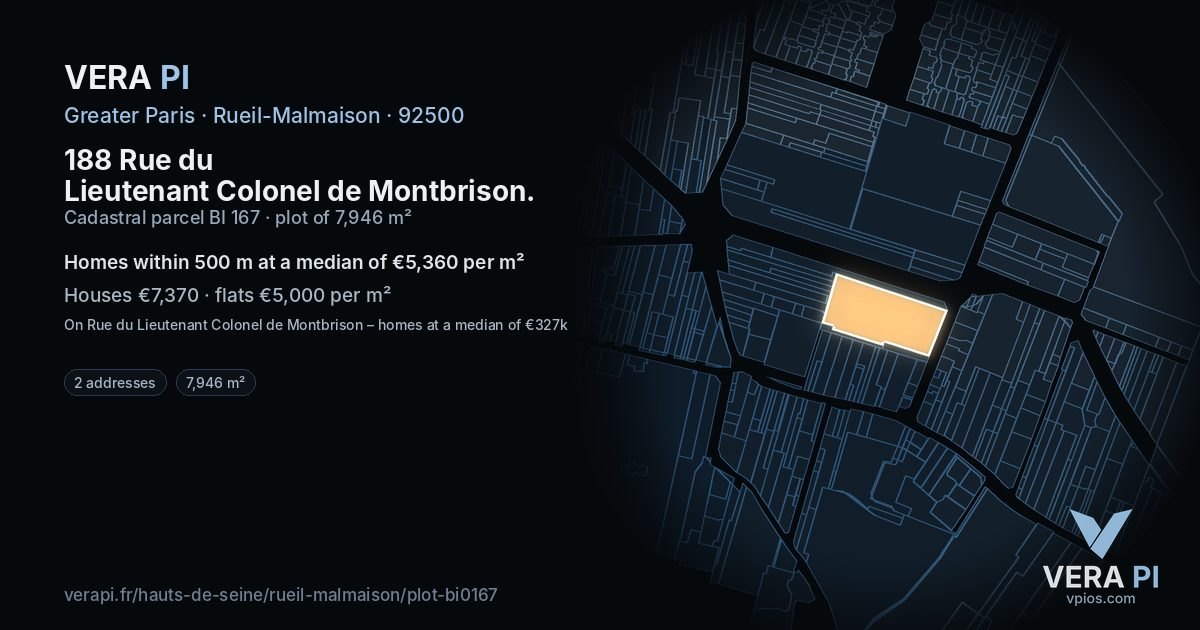 188 Rue du Lieutenant Colonel de Montbrison, Rueil-Malmaison at night – the plot lit, the parcels around coloured by the prices near them