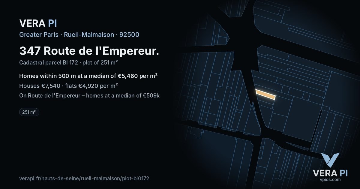 347 Route de l'Empereur, Rueil-Malmaison at night – the plot lit, the parcels around coloured by the prices near them