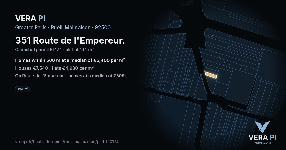 351 Route de l'Empereur, Rueil-Malmaison at night – the plot lit, the parcels around coloured by the prices near them
