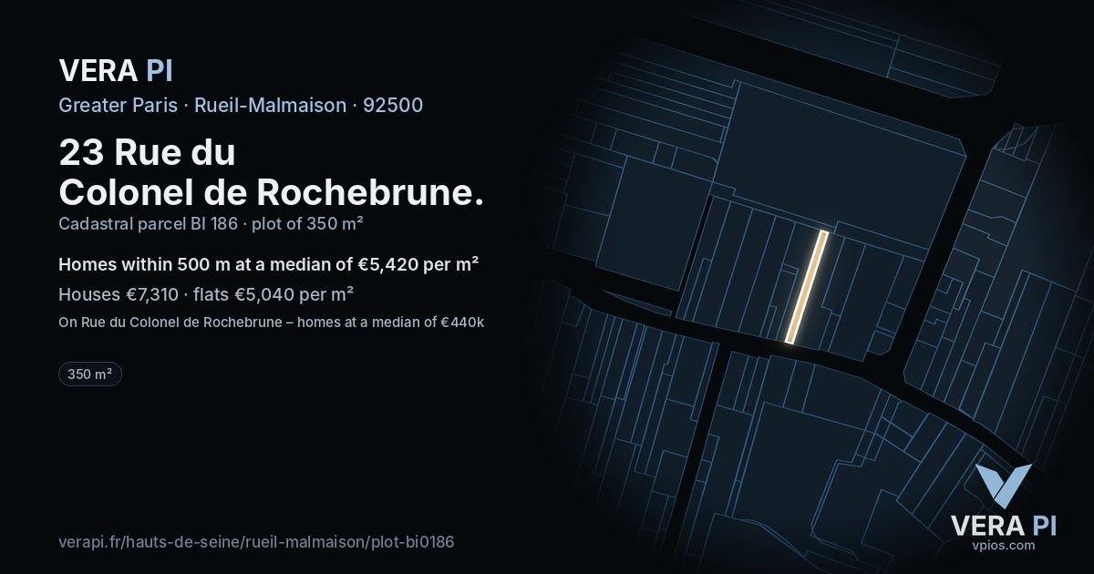 23 Rue du Colonel de Rochebrune, Rueil-Malmaison at night – the plot lit, the parcels around coloured by the prices near them