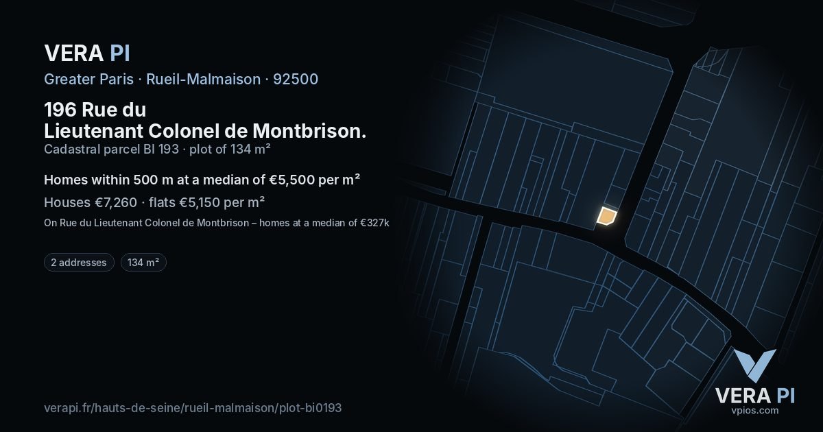 196 Rue du Lieutenant Colonel de Montbrison, Rueil-Malmaison at night – the plot lit, the parcels around coloured by the prices near them