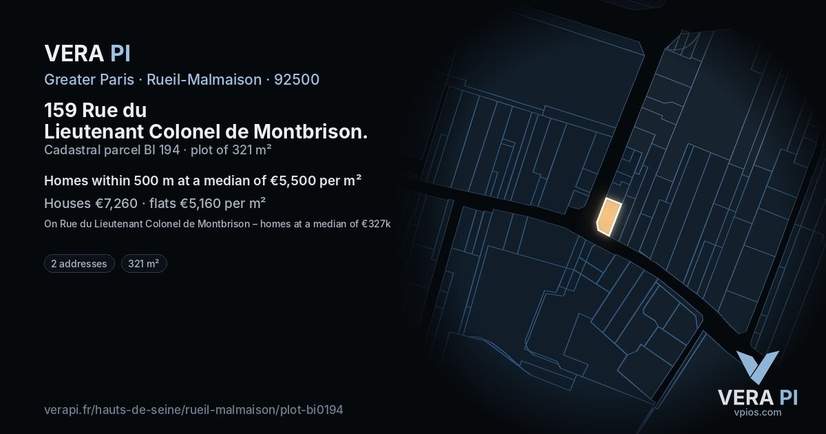 159 Rue du Lieutenant Colonel de Montbrison, Rueil-Malmaison at night – the plot lit, the parcels around coloured by the prices near them