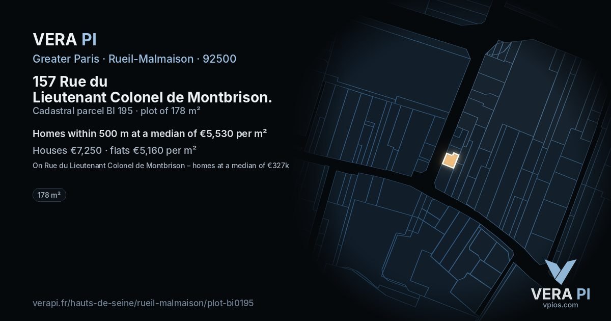 157 Rue du Lieutenant Colonel de Montbrison, Rueil-Malmaison at night – the plot lit, the parcels around coloured by the prices near them