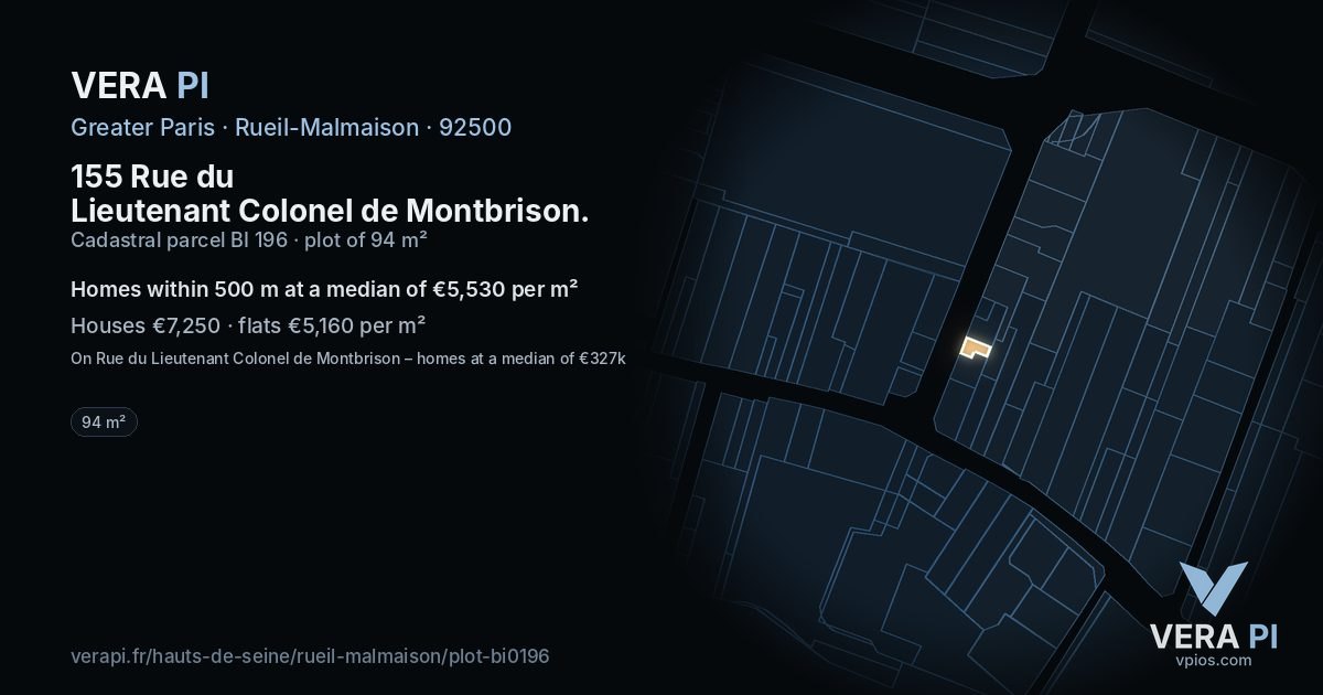 155 Rue du Lieutenant Colonel de Montbrison, Rueil-Malmaison at night – the plot lit, the parcels around coloured by the prices near them
