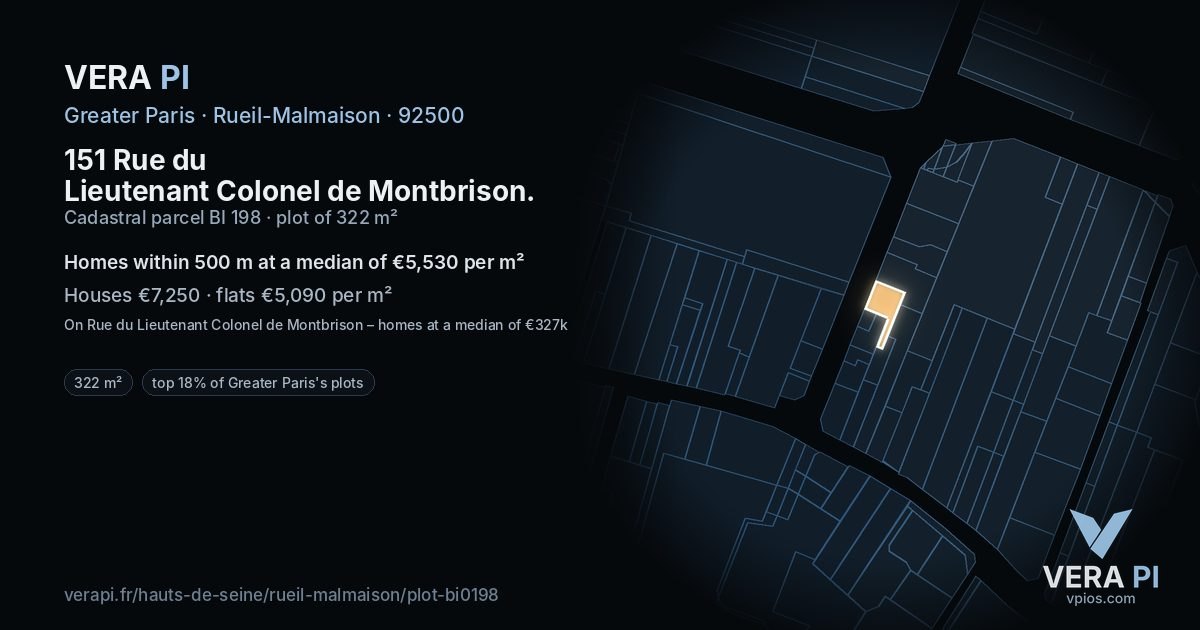 151 Rue du Lieutenant Colonel de Montbrison, Rueil-Malmaison at night – the plot lit, the parcels around coloured by the prices near them
