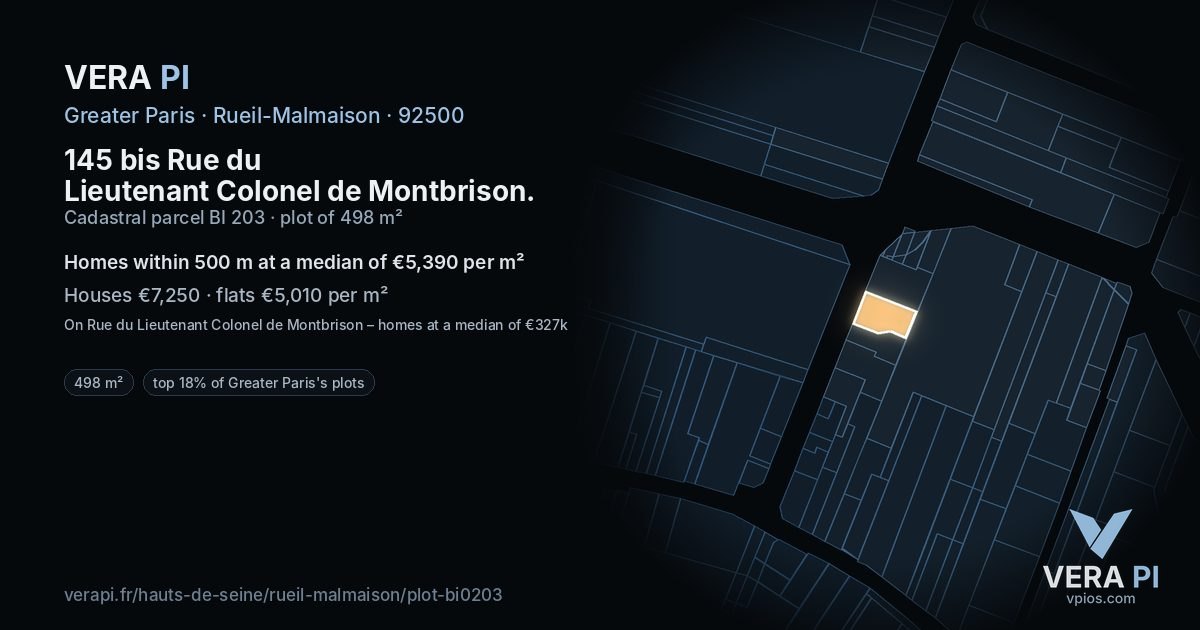 145 bis Rue du Lieutenant Colonel de Montbrison, Rueil-Malmaison at night – the plot lit, the parcels around coloured by the prices near them