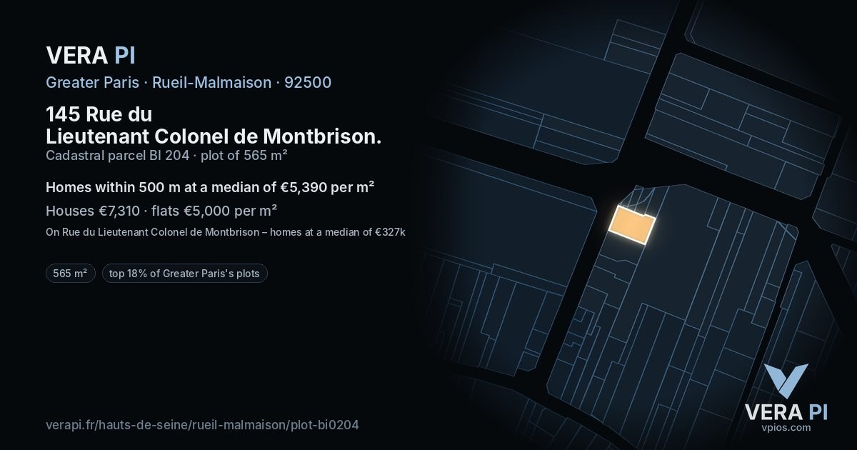 145 Rue du Lieutenant Colonel de Montbrison, Rueil-Malmaison at night – the plot lit, the parcels around coloured by the prices near them