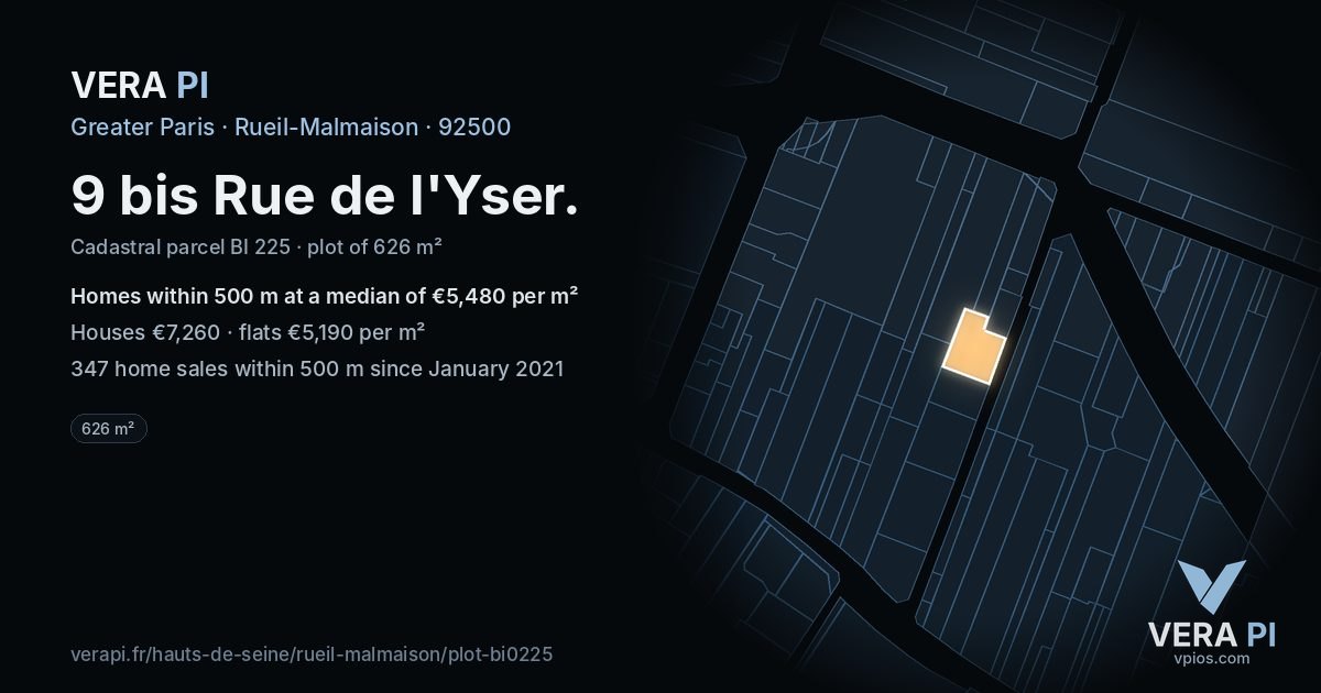9 bis Rue de l'Yser, Rueil-Malmaison at night – the plot lit, the parcels around coloured by the prices near them