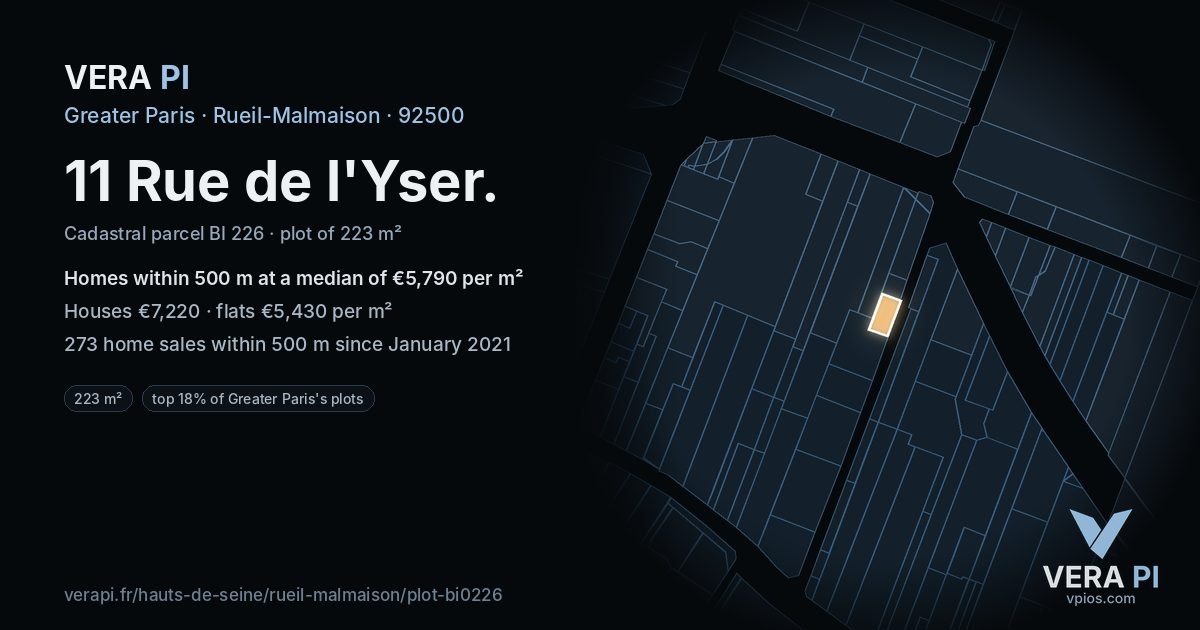 11 Rue de l'Yser, Rueil-Malmaison at night – the plot lit, the parcels around coloured by the prices near them