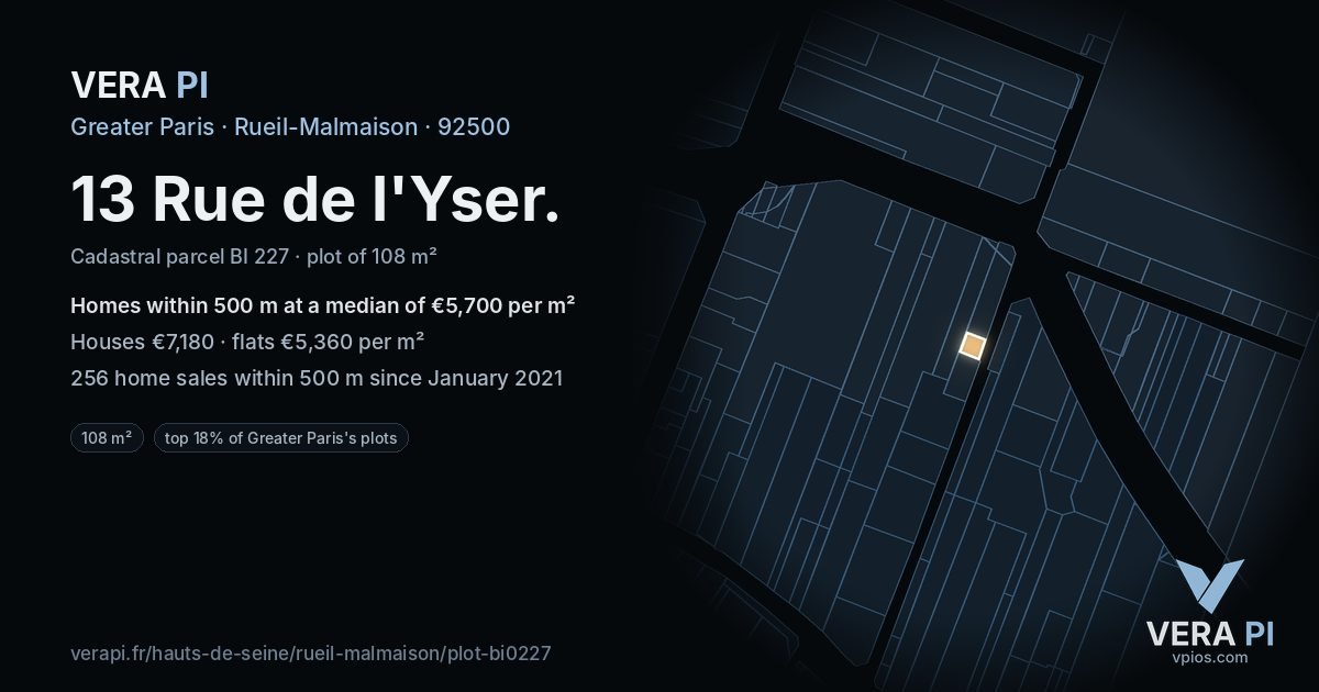 13 Rue de l'Yser, Rueil-Malmaison at night – the plot lit, the parcels around coloured by the prices near them