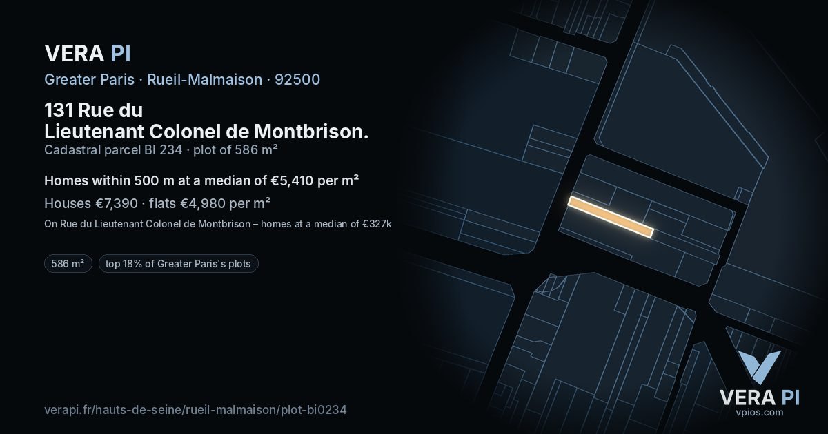 131 Rue du Lieutenant Colonel de Montbrison, Rueil-Malmaison at night – the plot lit, the parcels around coloured by the prices near them