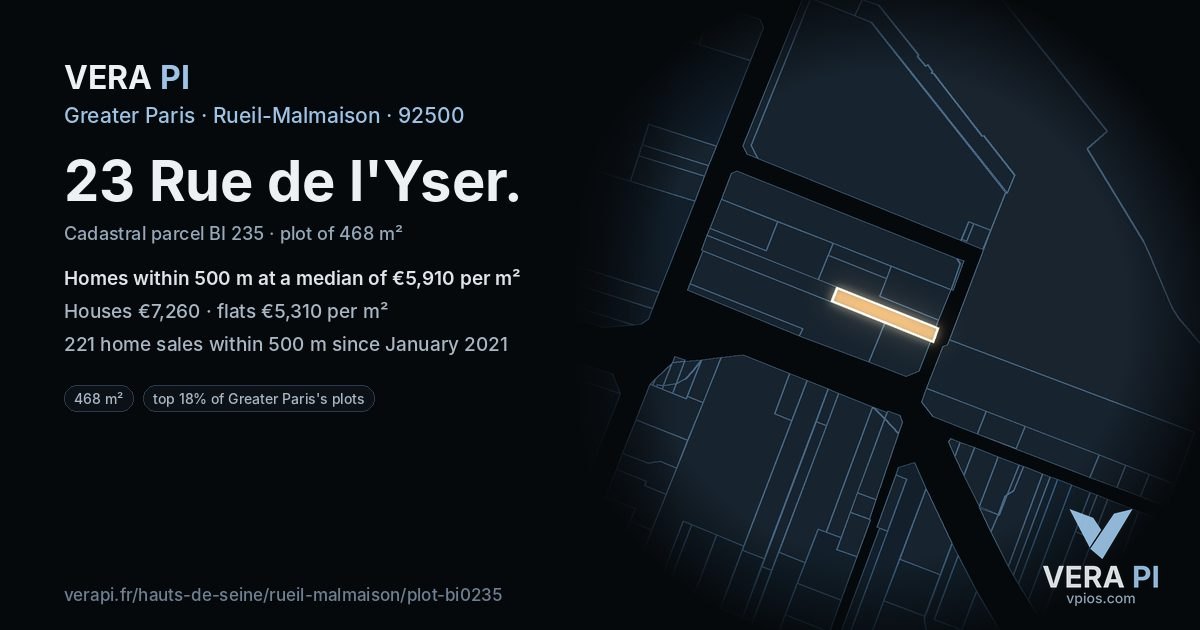 23 Rue de l'Yser, Rueil-Malmaison at night – the plot lit, the parcels around coloured by the prices near them