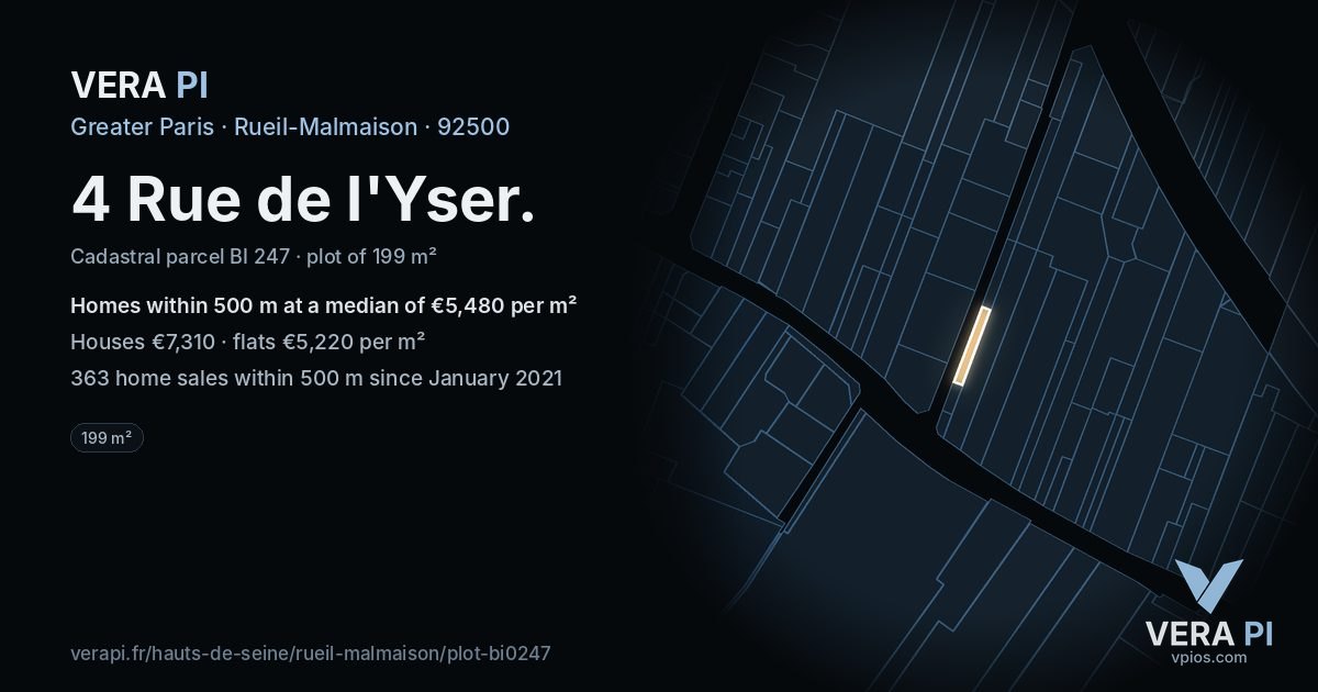 4 Rue de l'Yser, Rueil-Malmaison at night – the plot lit, the parcels around coloured by the prices near them
