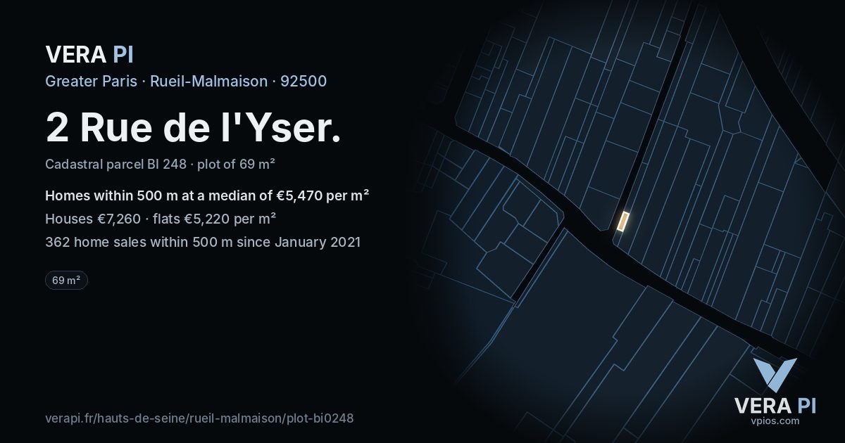 2 Rue de l'Yser, Rueil-Malmaison at night – the plot lit, the parcels around coloured by the prices near them