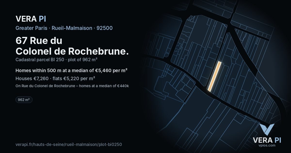 67 Rue du Colonel de Rochebrune, Rueil-Malmaison at night – the plot lit, the parcels around coloured by the prices near them