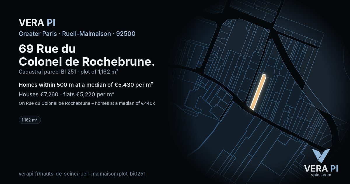 69 Rue du Colonel de Rochebrune, Rueil-Malmaison at night – the plot lit, the parcels around coloured by the prices near them