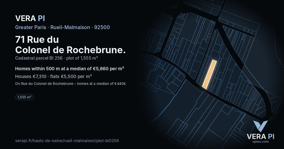 71 Rue du Colonel de Rochebrune, Rueil-Malmaison at night – the plot lit, the parcels around coloured by the prices near them