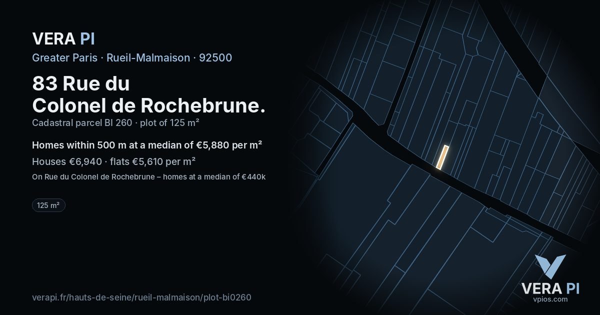 83 Rue du Colonel de Rochebrune, Rueil-Malmaison at night – the plot lit, the parcels around coloured by the prices near them
