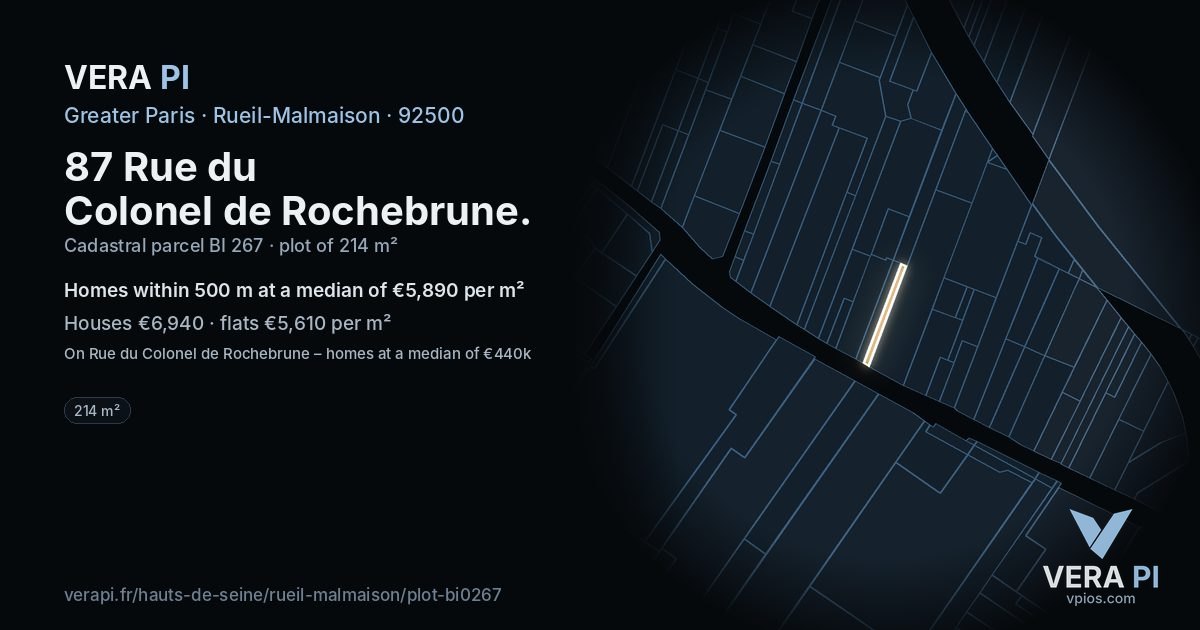 87 Rue du Colonel de Rochebrune, Rueil-Malmaison at night – the plot lit, the parcels around coloured by the prices near them