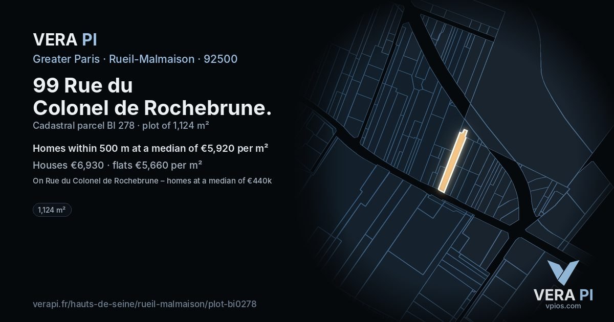 99 Rue du Colonel de Rochebrune, Rueil-Malmaison at night – the plot lit, the parcels around coloured by the prices near them