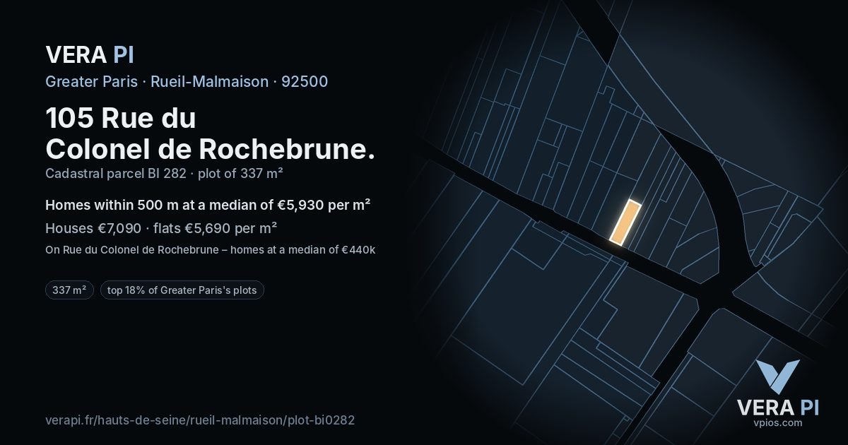 105 Rue du Colonel de Rochebrune, Rueil-Malmaison at night – the plot lit, the parcels around coloured by the prices near them