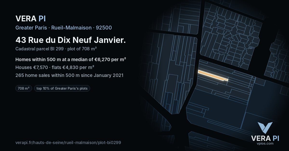 43 Rue du Dix Neuf Janvier, Rueil-Malmaison at night – the plot lit, the parcels around coloured by the prices near them