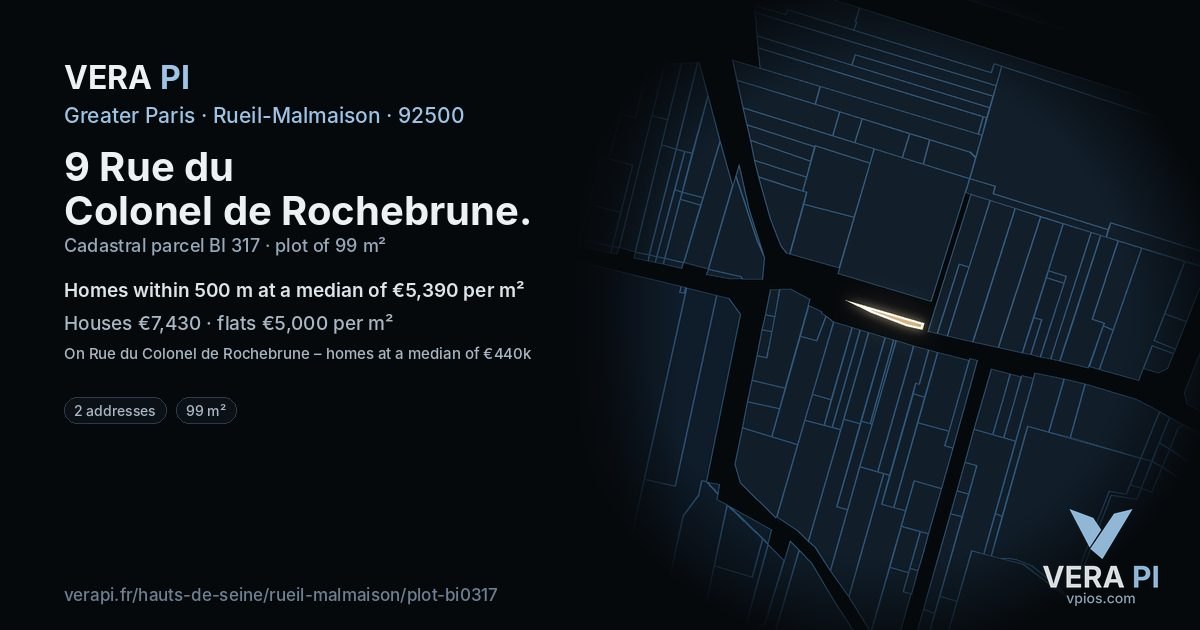 9 Rue du Colonel de Rochebrune, Rueil-Malmaison at night – the plot lit, the parcels around coloured by the prices near them