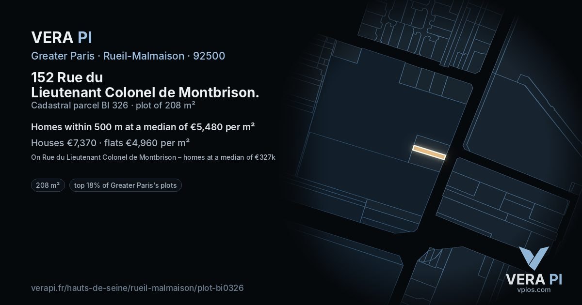 152 Rue du Lieutenant Colonel de Montbrison, Rueil-Malmaison at night – the plot lit, the parcels around coloured by the prices near them
