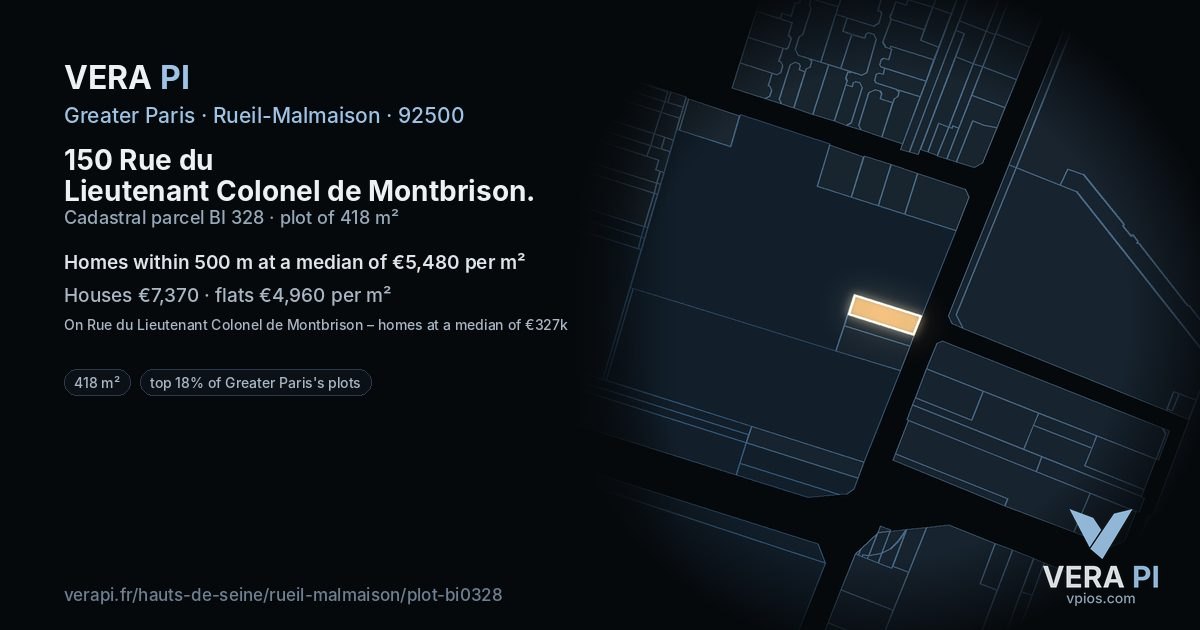 150 Rue du Lieutenant Colonel de Montbrison, Rueil-Malmaison at night – the plot lit, the parcels around coloured by the prices near them