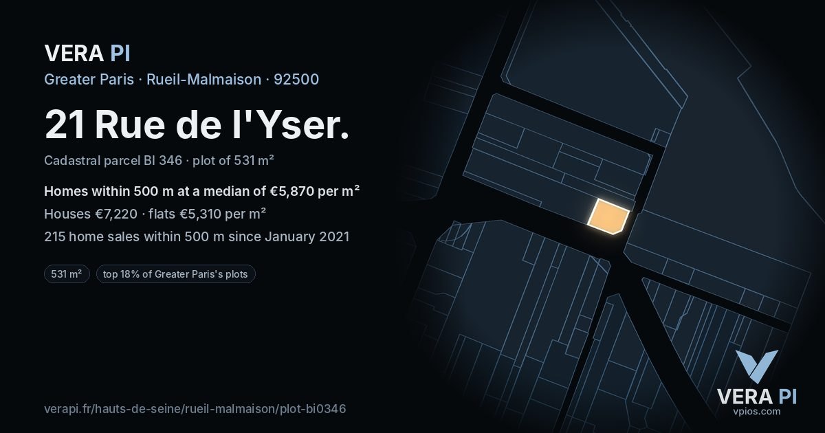 21 Rue de l'Yser, Rueil-Malmaison at night – the plot lit, the parcels around coloured by the prices near them