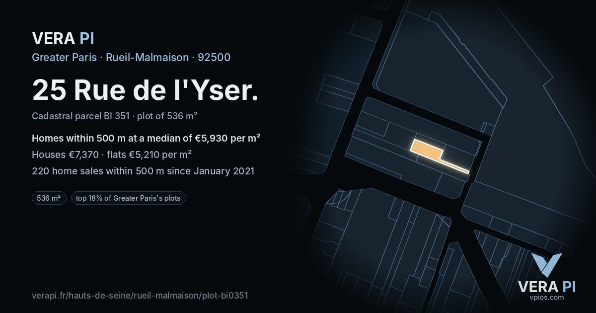 25 Rue de l'Yser, Rueil-Malmaison at night – the plot lit, the parcels around coloured by the prices near them