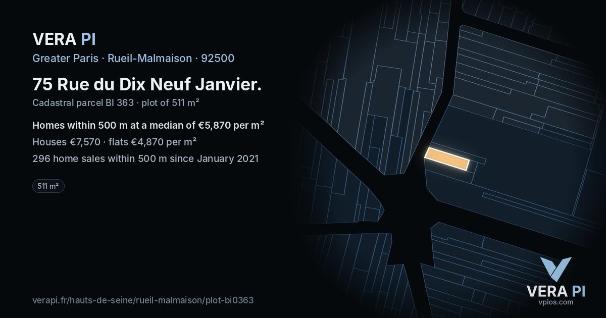 75 Rue du Dix Neuf Janvier, Rueil-Malmaison at night – the plot lit, the parcels around coloured by the prices near them