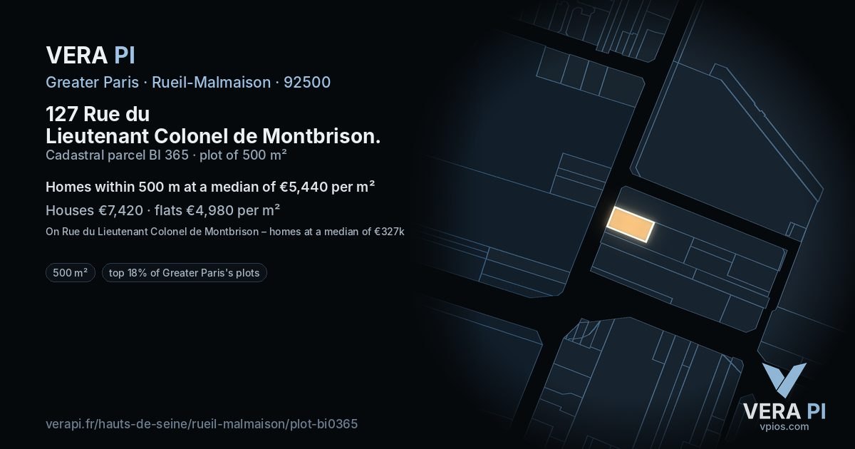 127 Rue du Lieutenant Colonel de Montbrison, Rueil-Malmaison at night – the plot lit, the parcels around coloured by the prices near them