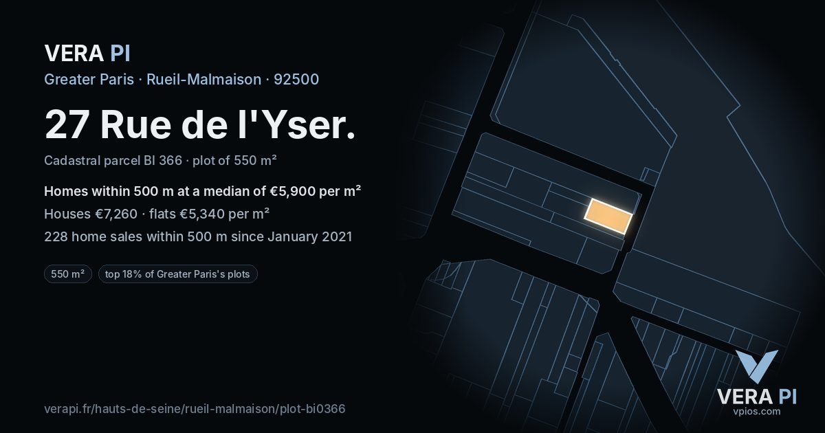27 Rue de l'Yser, Rueil-Malmaison at night – the plot lit, the parcels around coloured by the prices near them