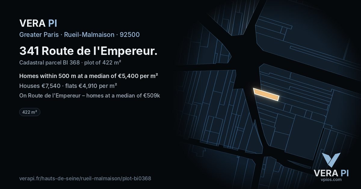 341 Route de l'Empereur, Rueil-Malmaison at night – the plot lit, the parcels around coloured by the prices near them