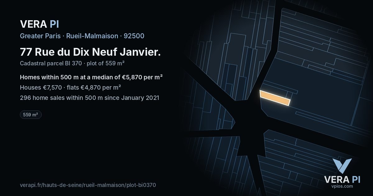 77 Rue du Dix Neuf Janvier, Rueil-Malmaison at night – the plot lit, the parcels around coloured by the prices near them