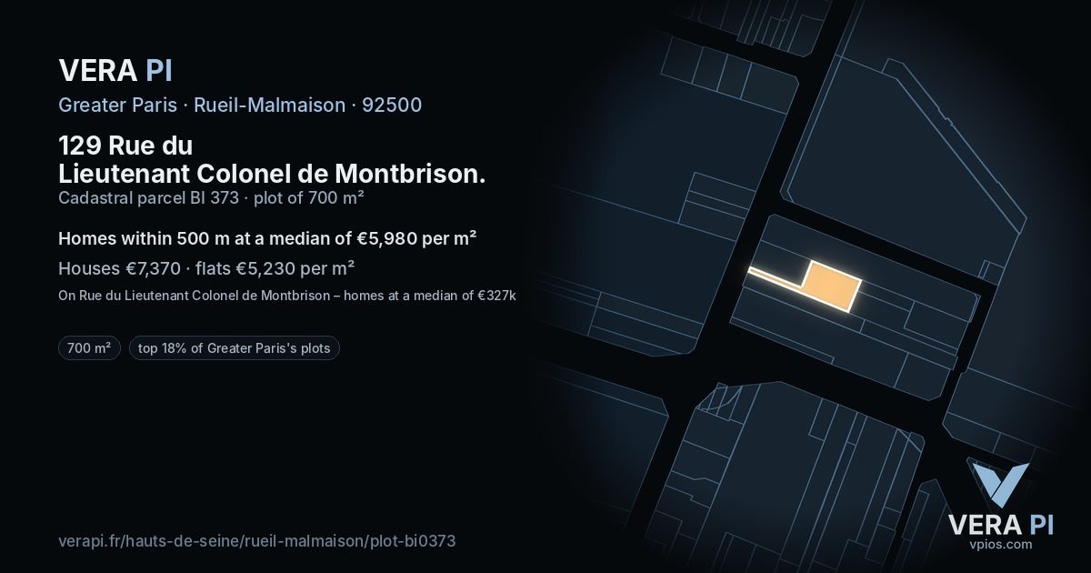 129 Rue du Lieutenant Colonel de Montbrison, Rueil-Malmaison at night – the plot lit, the parcels around coloured by the prices near them