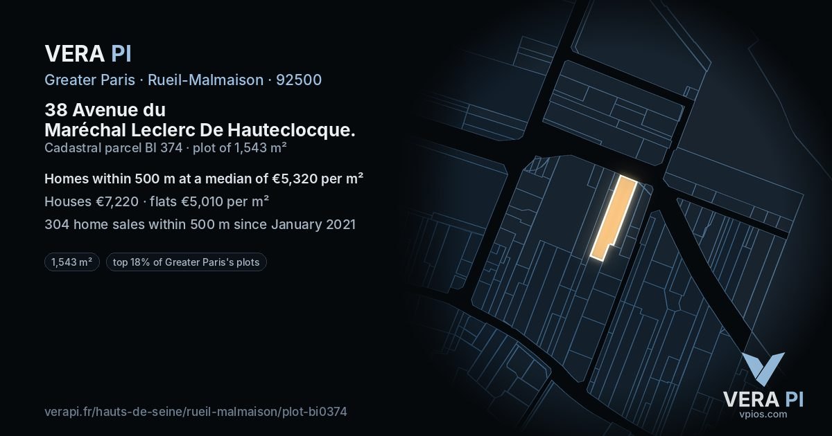 38 Avenue du Maréchal Leclerc De Hauteclocque, Rueil-Malmaison at night – the plot lit, the parcels around coloured by the prices near them
