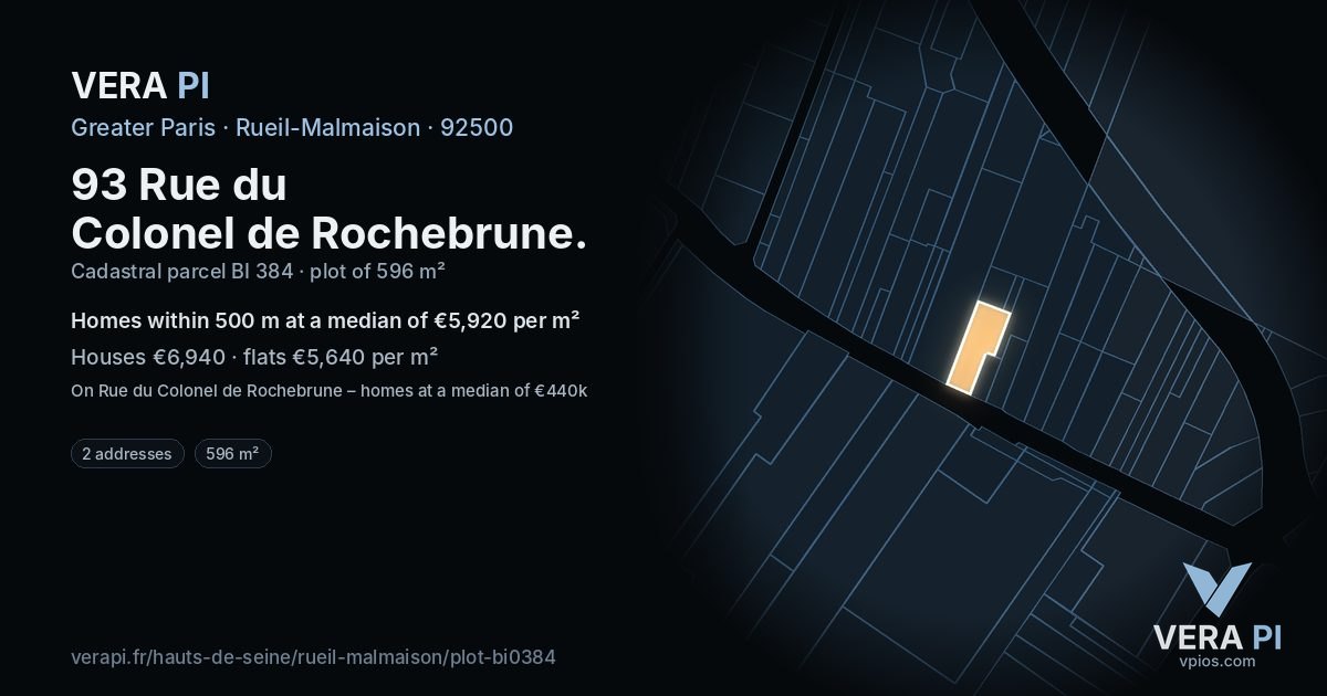 93 Rue du Colonel de Rochebrune, Rueil-Malmaison at night – the plot lit, the parcels around coloured by the prices near them