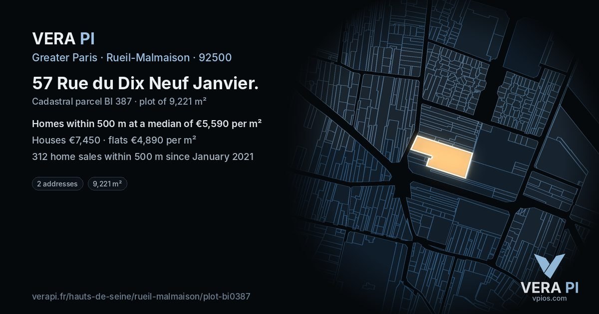 57 Rue du Dix Neuf Janvier, Rueil-Malmaison at night – the plot lit, the parcels around coloured by the prices near them