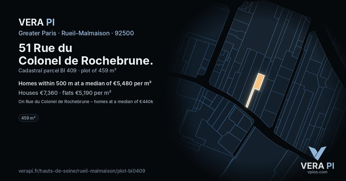 51 Rue du Colonel de Rochebrune, Rueil-Malmaison at night – the plot lit, the parcels around coloured by the prices near them