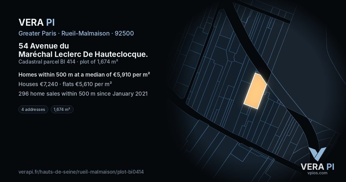 54 Avenue du Maréchal Leclerc De Hauteclocque, Rueil-Malmaison at night – the plot lit, the parcels around coloured by the prices near them