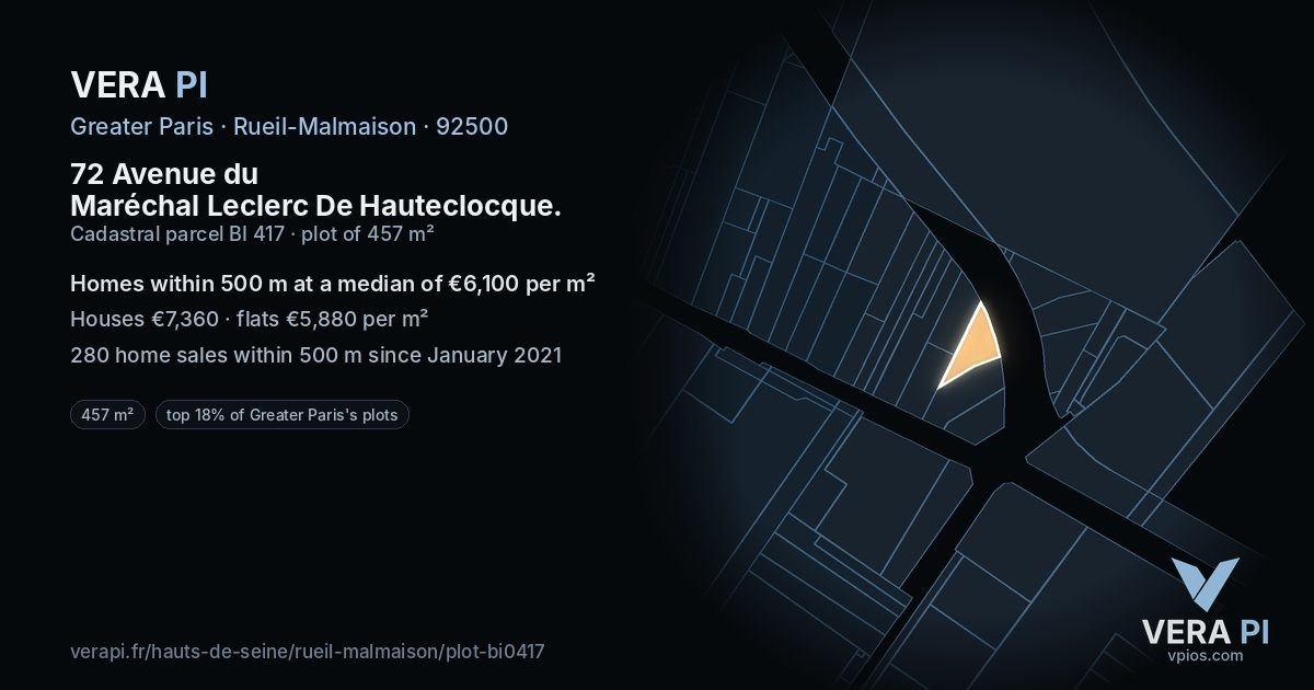72 Avenue du Maréchal Leclerc De Hauteclocque, Rueil-Malmaison at night – the plot lit, the parcels around coloured by the prices near them