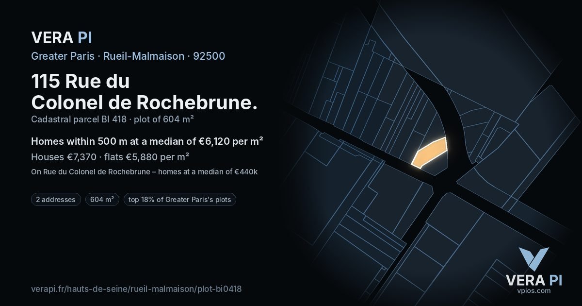 115 Rue du Colonel de Rochebrune, Rueil-Malmaison at night – the plot lit, the parcels around coloured by the prices near them