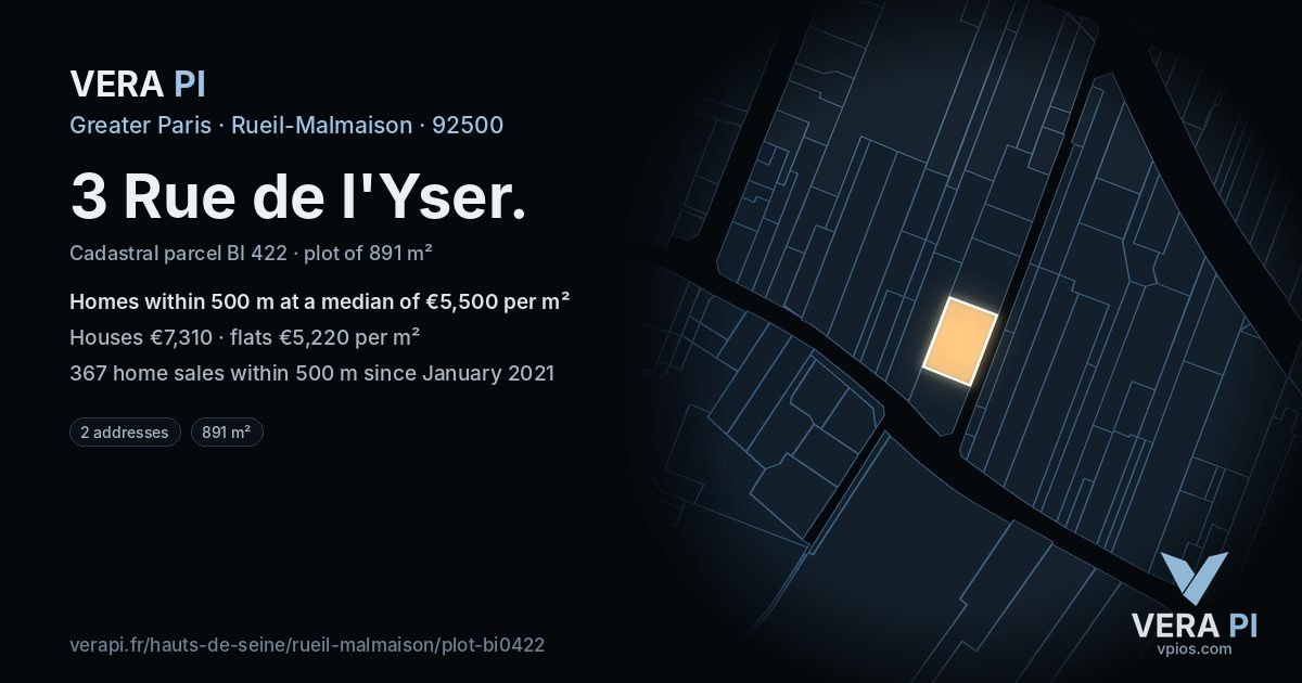 3 Rue de l'Yser, Rueil-Malmaison at night – the plot lit, the parcels around coloured by the prices near them