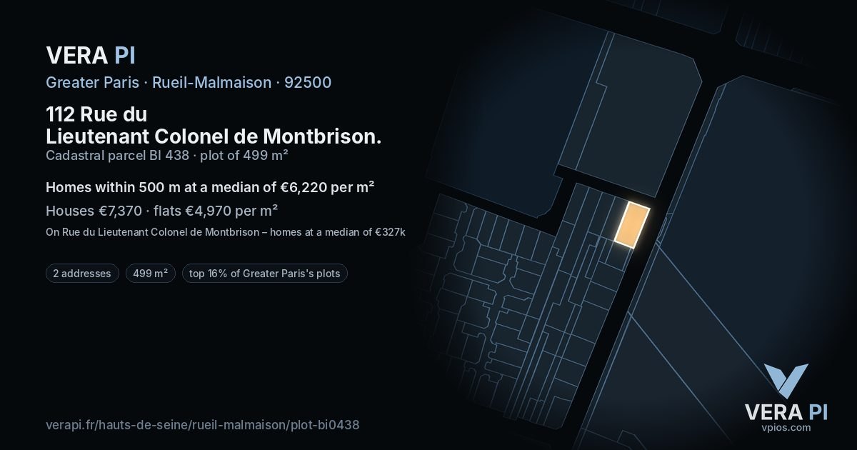 112 Rue du Lieutenant Colonel de Montbrison, Rueil-Malmaison at night – the plot lit, the parcels around coloured by the prices near them